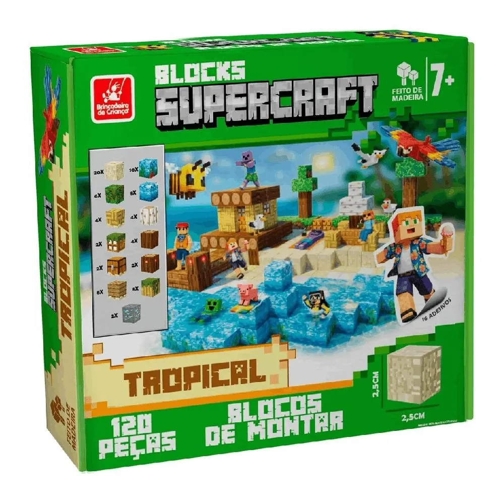 Blocks Supercraft Tropical Blocos de Montar 120 Peças em Madeira – Brincadeira de Criança 8039